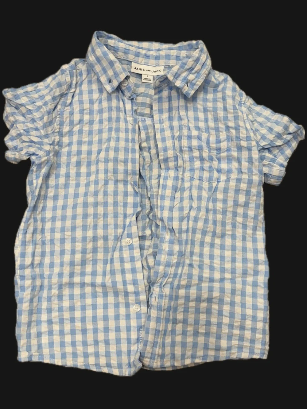 Janie and Jack Light Blue and White Gingham Short Sleeve Button-Up (wrinkled)